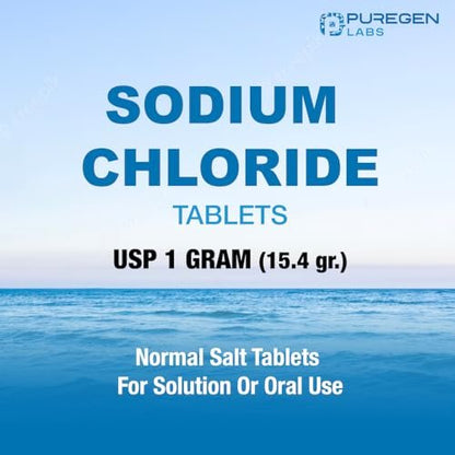 Puregen Labs Natriumchlorid-Tabletten 1 g (1000 mg), USP | (15,4 gr.) | 100 Stück | Normale Salztabletten | Elektrolyt-Auffüller für Hydratation