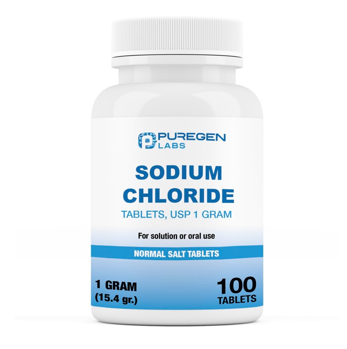 Puregen Labs Natriumchlorid-Tabletten 1 g (1000 mg), USP | (15,4 gr.) | 100 Stück | Normale Salztabletten | Elektrolyt-Auffüller für Hydratation