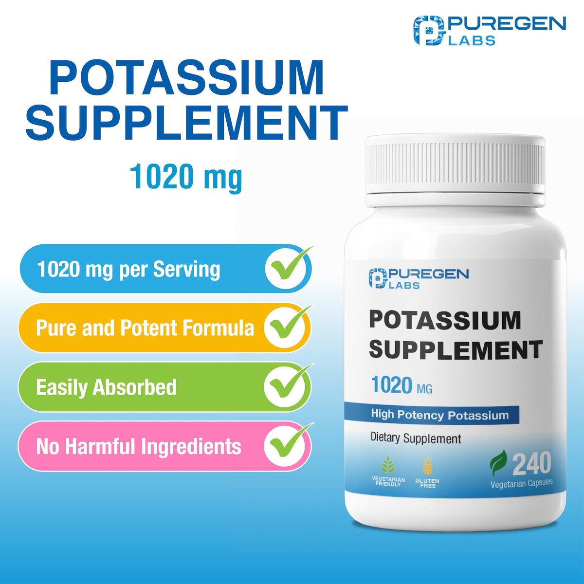 Puregen Labs Kalium-Bicarbonat Supplement 1020 mg | Non-GMO | Glutenfrei | 240 vegane Kapseln