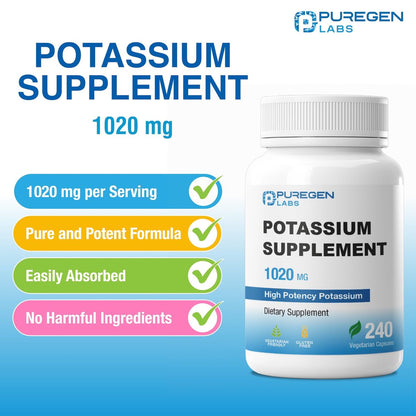 Puregen Labs Kalium-Bicarbonat Supplement 1020 mg | Non-GMO | Glutenfrei | 240 vegane Kapseln