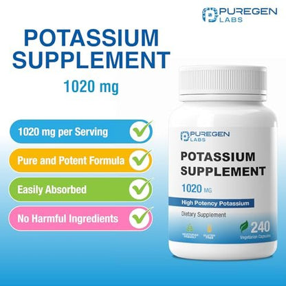 Puregen Labs Kalium-Bicarbonat Supplement 1020 mg | Non-GMO | Glutenfrei | 240 vegane Kapseln