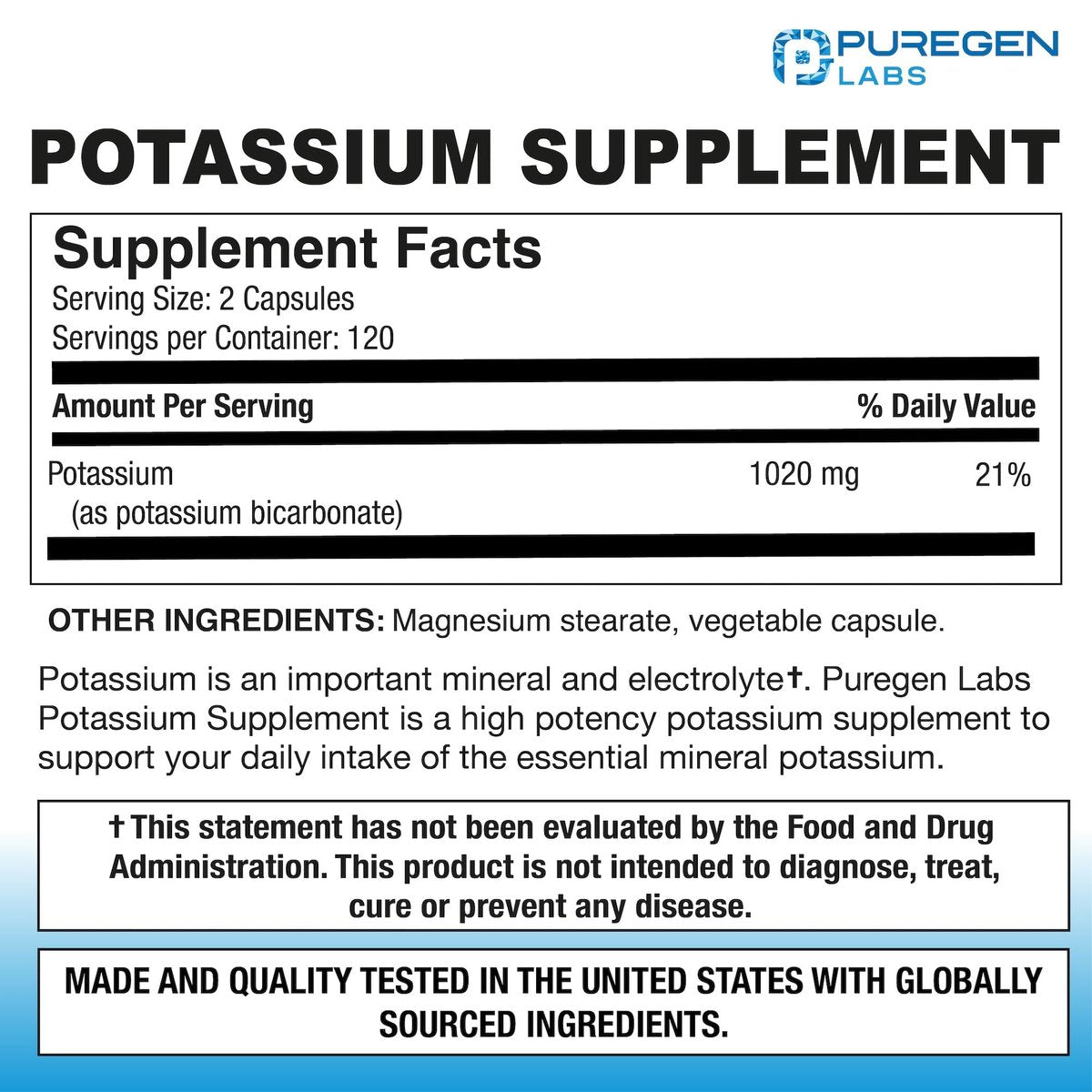 Puregen Labs Kalium-Bicarbonat Supplement 1020 mg | Non-GMO | Glutenfrei | 240 vegane Kapseln