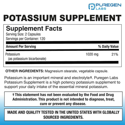 Puregen Labs Kalium-Bicarbonat Supplement 1020 mg | Non-GMO | Glutenfrei | 240 vegane Kapseln