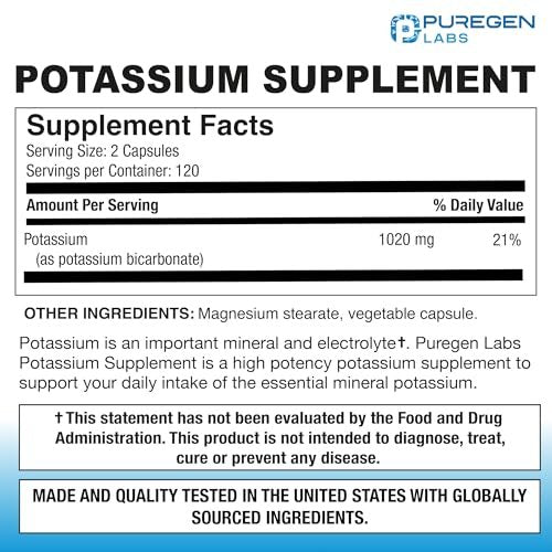 Puregen Labs Kalium-Bicarbonat Supplement 1020 mg | Non-GMO | Glutenfrei | 240 vegane Kapseln