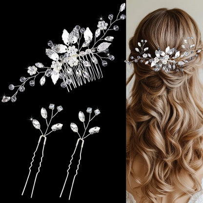 Kristall Braut Haaraccessoires - Haarkamm mit Strass-Haarnadeln und Perlen für Braut, Brautjungfern, Blumenmädchen (Silber)