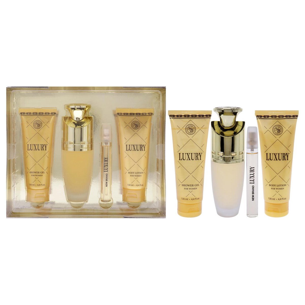 New Brand Luxus für Frauen - 4-teiliges Geschenkset: 100 ml EDP Spray, 130 ml Duschgel, 130 ml Bodylotion, 15 ml EDP Spray
