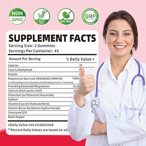 Novomins 90 CT Magnesium Glycinate Gummies 1000mg - Zuckerfreies Magnesium-Kalium-Präparat mit Vitamin D, B6, CoQ10 für Ruhe & Schlaf - 90 Himbeer-Gummis