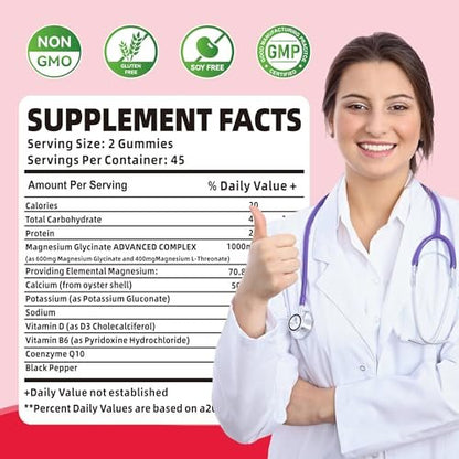 Novomins 90 CT Magnesium Glycinate Gummies 1000mg - Zuckerfreies Magnesium-Kalium-Präparat mit Vitamin D, B6, CoQ10 für Ruhe & Schlaf - 90 Himbeer-Gummis