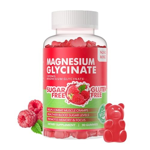 Novomins 90 CT Magnesium Glycinate Gummies 1000mg - Zuckerfreies Magnesium-Kalium-Präparat mit Vitamin D, B6, CoQ10 für Ruhe & Schlaf - 90 Himbeer-Gummis