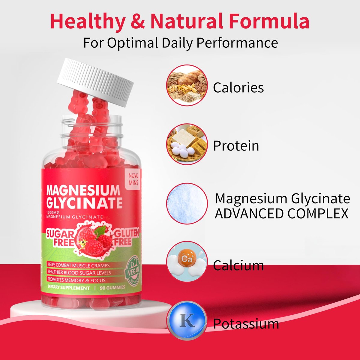 Novomins 90 CT Magnesium Glycinate Gummies 1000mg - Zuckerfreies Magnesium-Kalium-Präparat mit Vitamin D, B6, CoQ10 für Ruhe & Schlaf - 90 Himbeer-Gummis