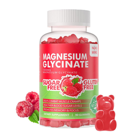Novomins 90 CT Magnesium Glycinate Gummies 1000mg - Zuckerfreies Magnesium-Kalium-Präparat mit Vitamin D, B6, CoQ10 für Ruhe & Schlaf - 90 Himbeer-Gummis
