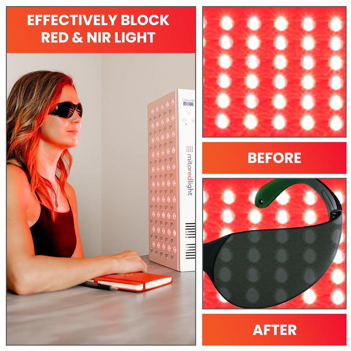 Mito Red Light - Rotlicht-Brille - Augenschutz für Rotlichttherapie (600nm-900nm) - Rotlicht-Therapiebrille - IR5 Extra Dark
