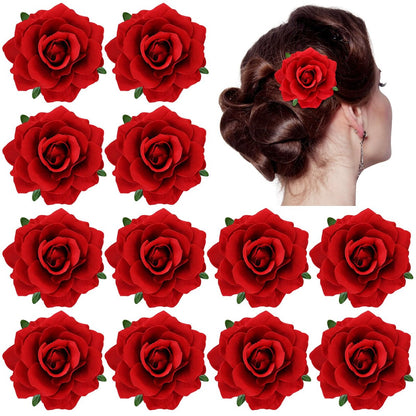 Dizila 12er-Pack Flamenco-Tänzerin Mexikanische rote Rosen-Blumennadeln Alligator-Haarklammern Barrette für Party Hochzeit Braut Haarschmuck Kopfschmuck für Frauen Mädchen