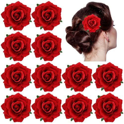 Dizila 12er-Pack Flamenco-Tänzerin Mexikanische rote Rosen-Blumennadeln Alligator-Haarklammern Barrette für Party Hochzeit Braut Haarschmuck Kopfschmuck für Frauen Mädchen