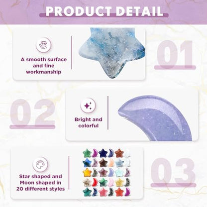 Nuenen 30er Set Sorgensteine Bulk Mond-Stern geformte Kristalle Geschenke für Mutter Edelstein-Sterne Bulk Handgeschnitzte Daumensteine für DIY Hexenzubehör Hochzeitsdekoration (Elegante Farben)