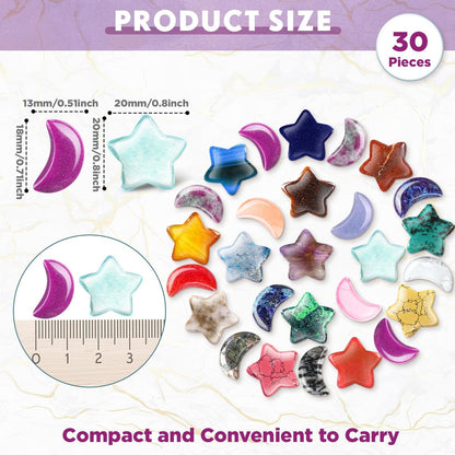 Nuenen 30er Set Sorgensteine Bulk Mond-Stern geformte Kristalle Geschenke für Mutter Edelstein-Sterne Bulk Handgeschnitzte Daumensteine für DIY Hexenzubehör Hochzeitsdekoration (Elegante Farben)