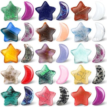 Nuenen 30er Set Sorgensteine Bulk Mond-Stern geformte Kristalle Geschenke für Mutter Edelstein-Sterne Bulk Handgeschnitzte Daumensteine für DIY Hexenzubehör Hochzeitsdekoration (Elegante Farben)