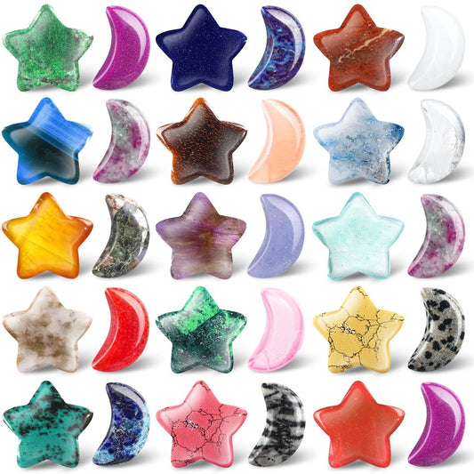 Nuenen 30er Set Sorgensteine Bulk Mond-Stern geformte Kristalle Geschenke für Mutter Edelstein-Sterne Bulk Handgeschnitzte Daumensteine für DIY Hexenzubehör Hochzeitsdekoration (Elegante Farben)
