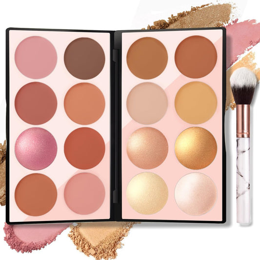 NewBang 16 Farben Blush Contour Highlighter Make-up Palette mit Pinsel – Matte Mineral Gesichtspuder für Wangen, Shimmer Illuminator Bronzer – Professionelles Beauty Blushes Set