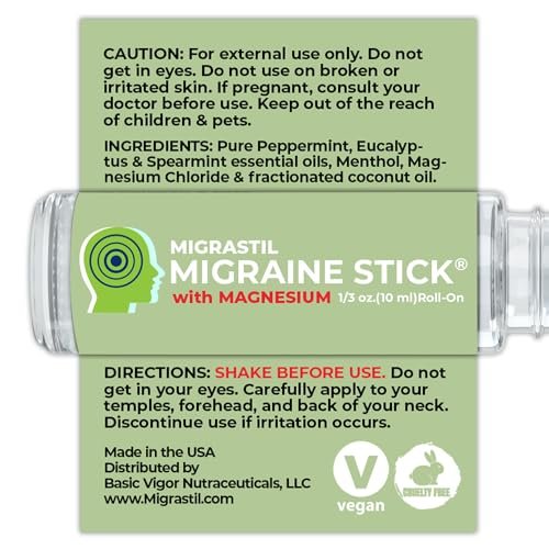 MIGRASTIL Migräne-Stick mit Magnesium – Kühlendes Pfefferminz- und Eukalyptusöl für Kopfschmerzlinderung, 10 ml