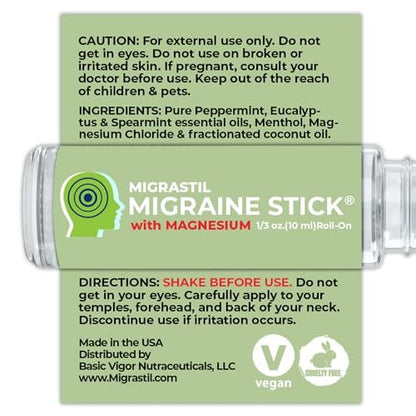 MIGRASTIL Migräne-Stick mit Magnesium – Kühlendes Pfefferminz- und Eukalyptusöl für Kopfschmerzlinderung, 10 ml