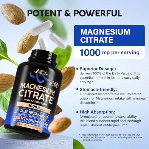 Magnesiumcitrat Kapseln 1000mg | Hochdosiert & Hoch Bioverfügbar – Für Schlaf, Muskeln & Herz – Vegan & Non-GMO – Für Frauen & Männer – Als Pulver, Pillen & Tabletten – 120 Kapseln, 2 Monatsvorrat