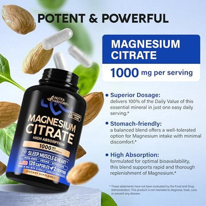 Magnesiumcitrat Kapseln 1000mg | Hochdosiert & Hoch Bioverfügbar – Für Schlaf, Muskeln & Herz – Vegan & Non-GMO – Für Frauen & Männer – Als Pulver, Pillen & Tabletten – 120 Kapseln, 2 Monatsvorrat