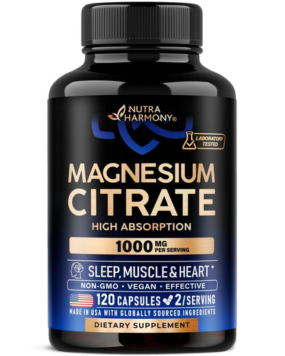 Magnesiumcitrat Kapseln 1000mg | Hochdosiert & Hoch Bioverfügbar – Für Schlaf, Muskeln & Herz – Vegan & Non-GMO – Für Frauen & Männer – Als Pulver, Pillen & Tabletten – 120 Kapseln, 2 Monatsvorrat