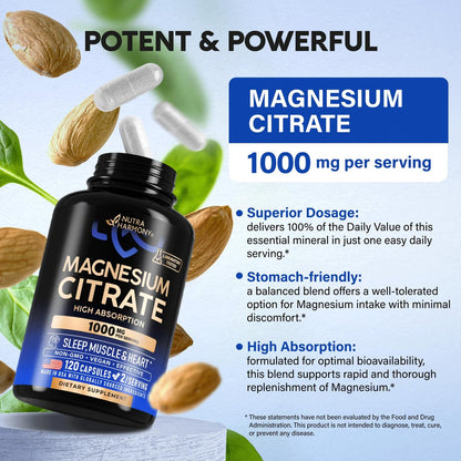 Magnesiumcitrat Kapseln 1000mg | Hochdosiert & Hoch Bioverfügbar – Für Schlaf, Muskeln & Herz – Vegan & Non-GMO – Für Frauen & Männer – Als Pulver, Pillen & Tabletten – 120 Kapseln, 2 Monatsvorrat
