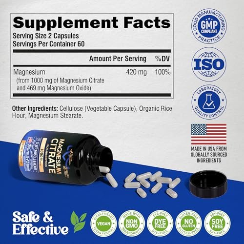 Magnesiumcitrat Kapseln 1000mg | Hochdosiert & Hoch Bioverfügbar – Für Schlaf, Muskeln & Herz – Vegan & Non-GMO – Für Frauen & Männer – Als Pulver, Pillen & Tabletten – 120 Kapseln, 2 Monatsvorrat