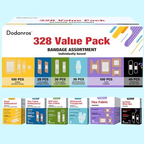 Dodanros Vielseitiges Pflaster-Set, 328-teilig, gemischte Größen, Formen & Merkmale | Transparente & flexible Stoffpflaster mit Benzalkonium, ECO-Bambusfaser, wasserdicht, Duftpflaster im Cartoon-Blind-Box-Stil