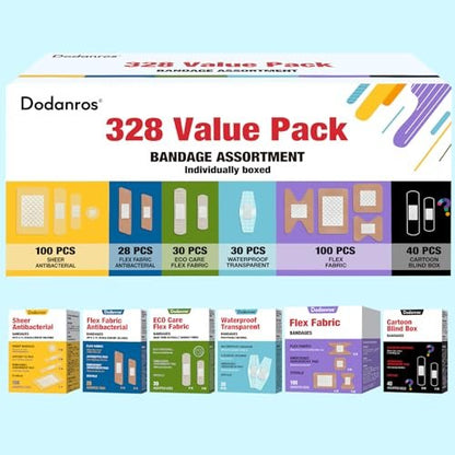 Dodanros Vielseitiges Pflaster-Set, 328-teilig, gemischte Größen, Formen & Merkmale | Transparente & flexible Stoffpflaster mit Benzalkonium, ECO-Bambusfaser, wasserdicht, Duftpflaster im Cartoon-Blind-Box-Stil