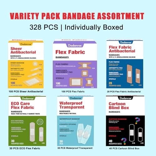 Dodanros Vielseitiges Pflaster-Set, 328-teilig, gemischte Größen, Formen & Merkmale | Transparente & flexible Stoffpflaster mit Benzalkonium, ECO-Bambusfaser, wasserdicht, Duftpflaster im Cartoon-Blind-Box-Stil