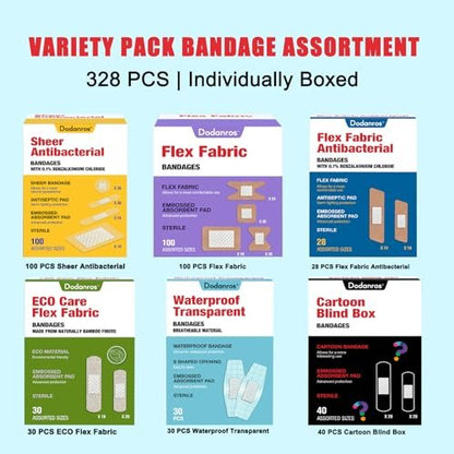Dodanros Vielseitiges Pflaster-Set, 328-teilig, gemischte Größen, Formen & Merkmale | Transparente & flexible Stoffpflaster mit Benzalkonium, ECO-Bambusfaser, wasserdicht, Duftpflaster im Cartoon-Blind-Box-Stil