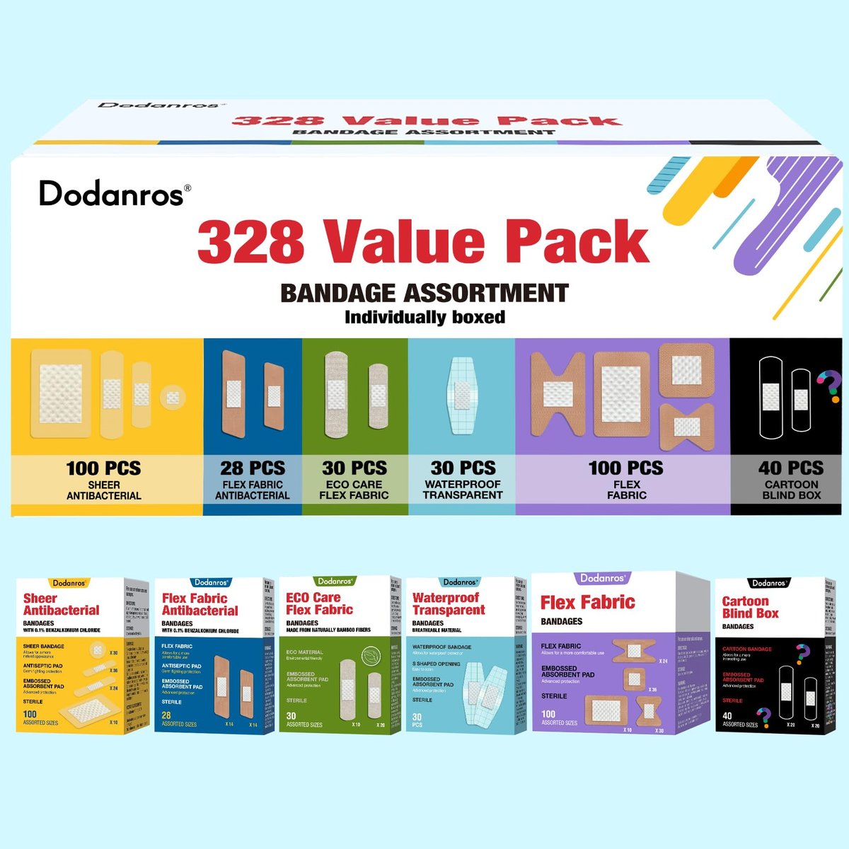 Dodanros Vielseitiges Pflaster-Set, 328-teilig, gemischte Größen, Formen & Merkmale | Transparente & flexible Stoffpflaster mit Benzalkonium, ECO-Bambusfaser, wasserdicht, Duftpflaster im Cartoon-Blind-Box-Stil