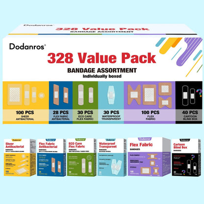 Dodanros Vielseitiges Pflaster-Set, 328-teilig, gemischte Größen, Formen & Merkmale | Transparente & flexible Stoffpflaster mit Benzalkonium, ECO-Bambusfaser, wasserdicht, Duftpflaster im Cartoon-Blind-Box-Stil