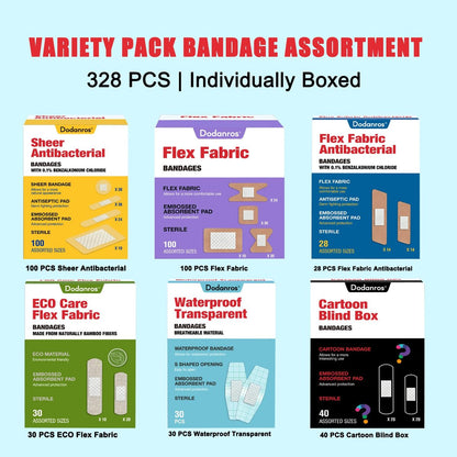 Dodanros Vielseitiges Pflaster-Set, 328-teilig, gemischte Größen, Formen & Merkmale | Transparente & flexible Stoffpflaster mit Benzalkonium, ECO-Bambusfaser, wasserdicht, Duftpflaster im Cartoon-Blind-Box-Stil