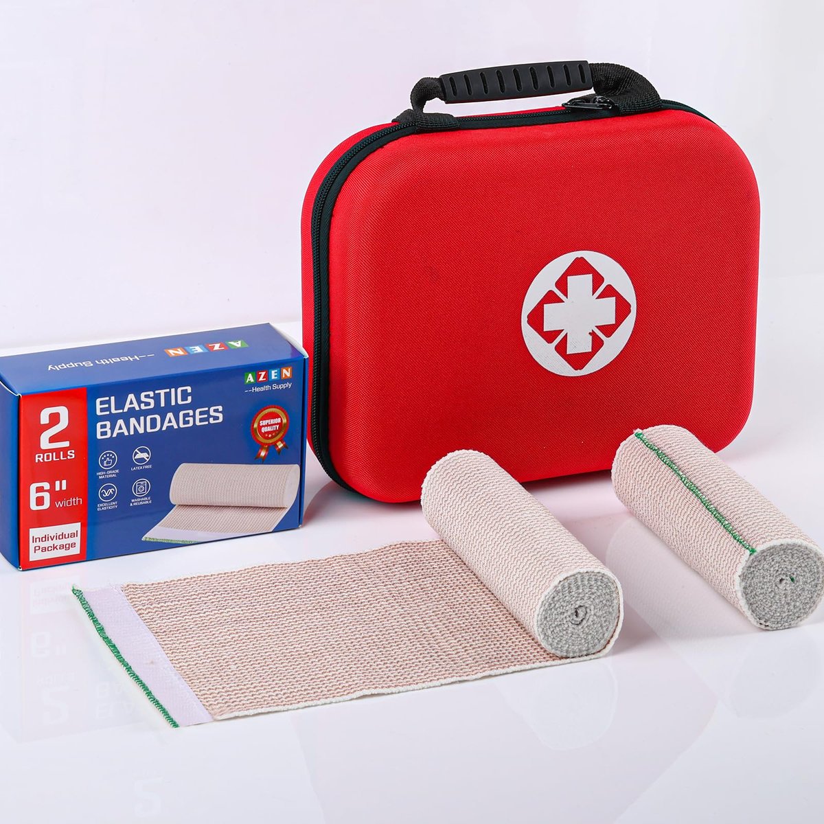 AZEN Premium 2er-Pack Elastische Binde 15 cm, Kompressionswickel für Beine, Knöchel, Knie, Bauch, Körper, Latexfrei, Lymphdrainage-Wickel für Beine
