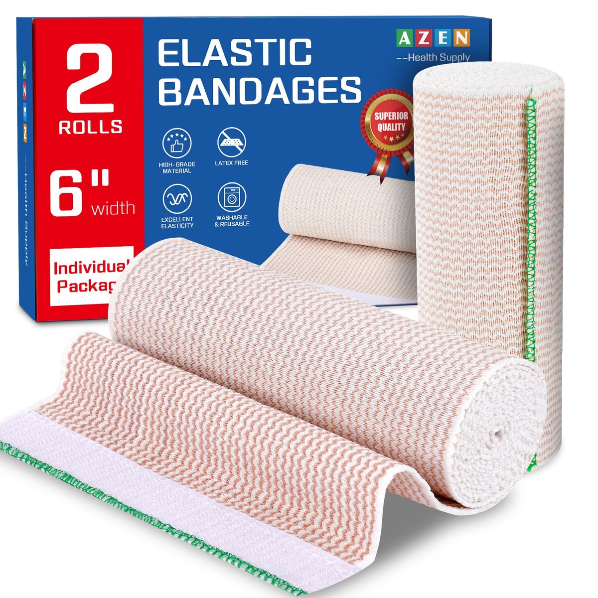 AZEN Premium 2er-Pack Elastische Binde 15 cm, Kompressionswickel für Beine, Knöchel, Knie, Bauch, Körper, Latexfrei, Lymphdrainage-Wickel für Beine