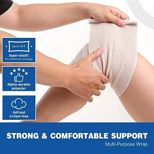 AZEN Premium 2er-Pack Elastische Binde 15 cm, Kompressionswickel für Beine, Knöchel, Knie, Bauch, Körper, Latexfrei, Lymphdrainage-Wickel für Beine