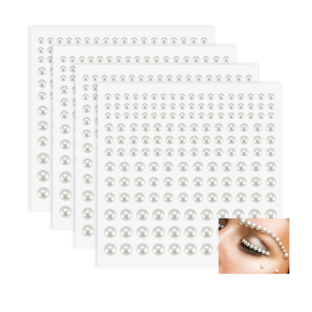 BlingKingdom 660 Stück selbstklebende Perlenaufkleber, flache Rückseite, 4 Größen 3mm/4mm/5mm/6mm, Weiß