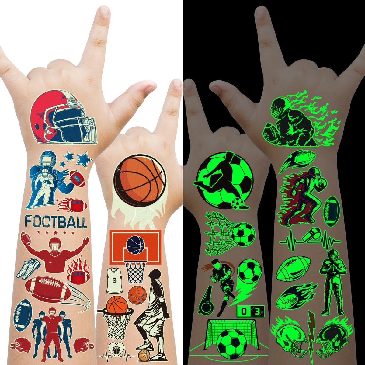 EMOME 30 Blätter Leuchtende Tattoos für Kinder, Sport-Stile Temporäre Tattoo-Aufkleber mit Fußball, Basketball, Soccer für Jungen, Partyzubehör, Geschenktütenfüller