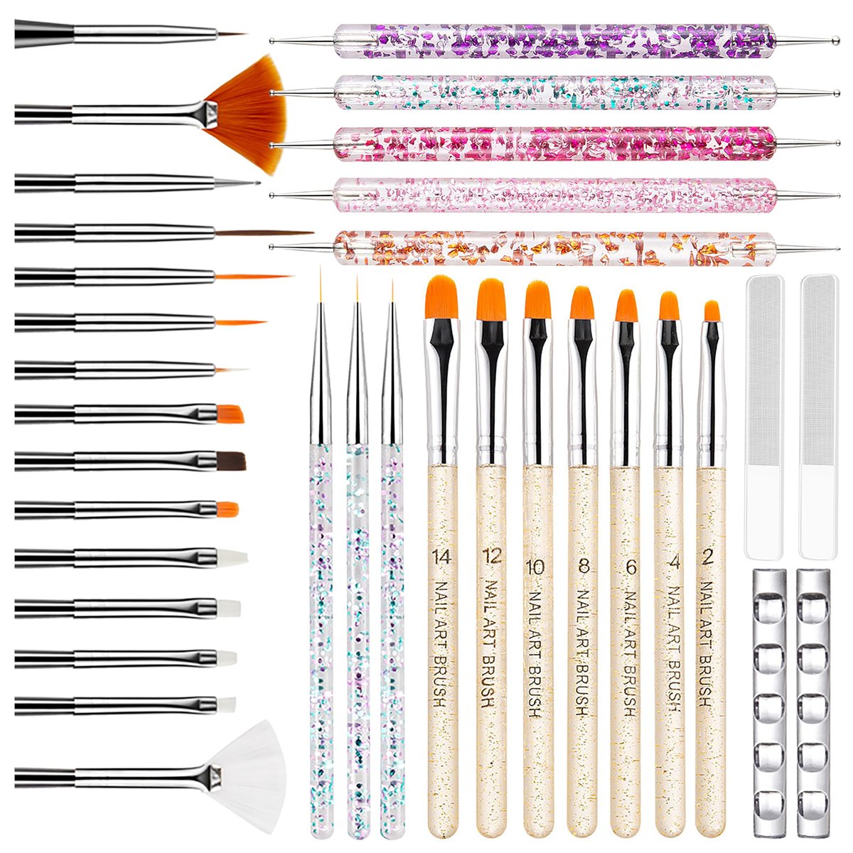 MYR 34-teiliges Nagelkunst-Pinselset – Professionelle Nageldesign-Werkzeuge mit Dotting-Tool, Zeichenstiften und Nano-Poliertupfern
