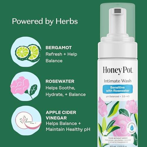 The Honey Pot Company - Intimwaschgel - mit Kräutern - für empfindliche Hauttypen - pH-ausgeglichene pflanzliche Hygiene - Sensitiv mit Rosenwasser - 163 ml