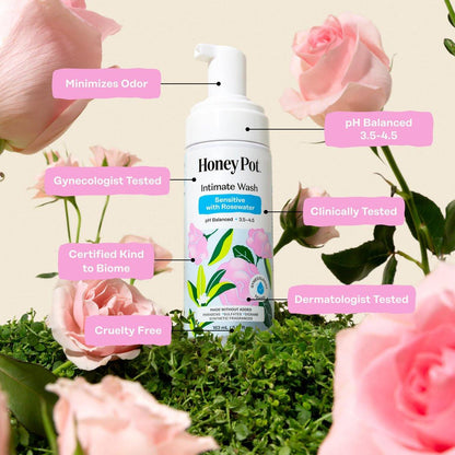 The Honey Pot Company - Intimwaschgel - mit Kräutern - für empfindliche Hauttypen - pH-ausgeglichene pflanzliche Hygiene - Sensitiv mit Rosenwasser - 163 ml