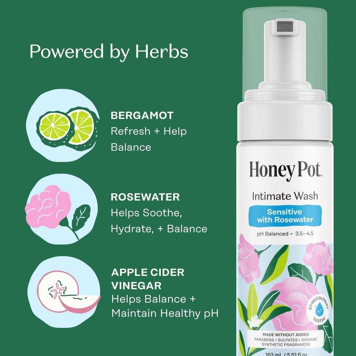 The Honey Pot Company - Intimwaschgel - mit Kräutern - für empfindliche Hauttypen - pH-ausgeglichene pflanzliche Hygiene - Sensitiv mit Rosenwasser - 163 ml
