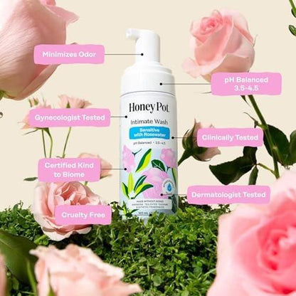 The Honey Pot Company - Intimwaschgel - mit Kräutern - für empfindliche Hauttypen - pH-ausgeglichene pflanzliche Hygiene - Sensitiv mit Rosenwasser - 163 ml