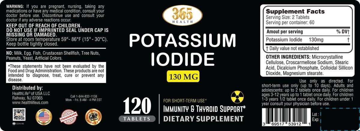 Kaliumjodid 130 mg - KI Tabletten - Kalium 130 mg - in den USA hergestellte Kaliumjodid-Pillen - 120 Tabletten