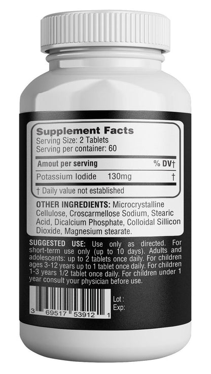 Kaliumjodid 130 mg - KI Tabletten - Kalium 130 mg - in den USA hergestellte Kaliumjodid-Pillen - 120 Tabletten