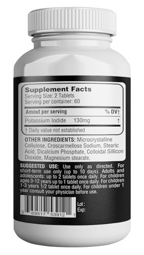 Kaliumjodid 130 mg - KI Tabletten - Kalium 130 mg - in den USA hergestellte Kaliumjodid-Pillen - 120 Tabletten